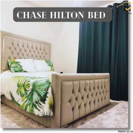 Chase Hilton Bed with tufted beige upholstery and tropical-themed bedding.