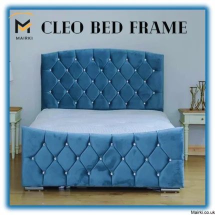 Blue cleo upholstered bed frame with diamond tufting.