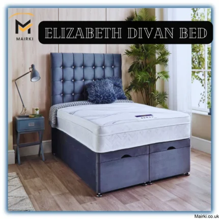 Modern bedroom with an Elizabeth Divan Bed, tufted dark blue headboard, white mattress, and matching divan base with drawers