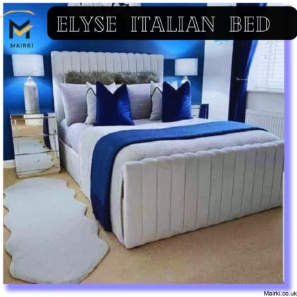 Bedroom with Elyse Italian Modern Chesterfield Bed and blue accents.