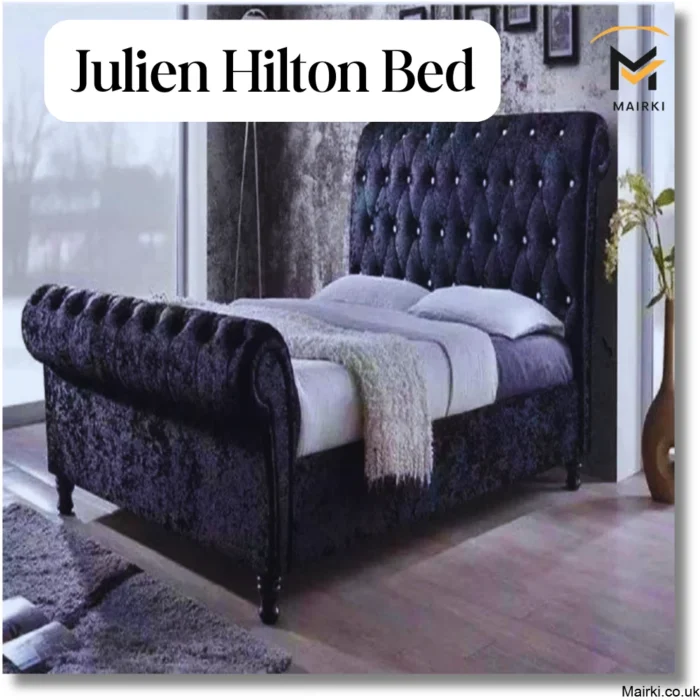 Luxurious bed with a dark tufted Julien Sleigh bed headboard and footboard in a stylish room.