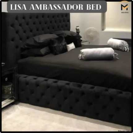 Luxurious bedroom with a black, tufted Lisa Ambassador Bed, silver-gray accents, and mirrored nightstand.