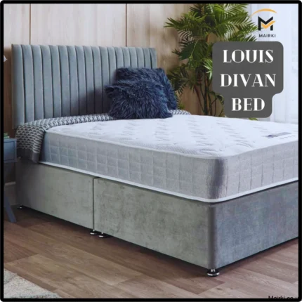 Modern grey velvet Louis Divan Bed with a plush headboard and decorative throw.