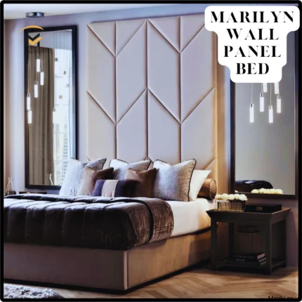 Modern bedroom with a geometric-patterned wall panel bed and plush bedding.