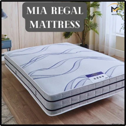 Mia Regal Mattress with blue wave patterns in a cozy room setting.