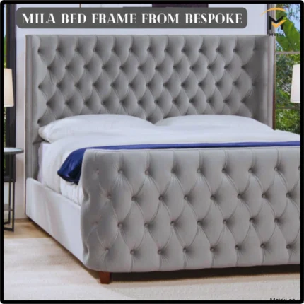 Grey Mila bed frame with a diamond pattern and white bedding.