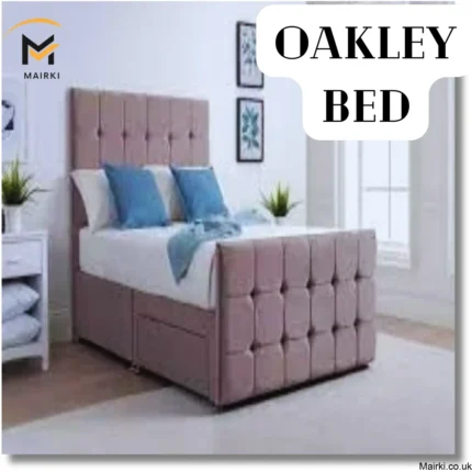 Oakley bed with tufted pink upholstery and blue accents in a bright bedroom.