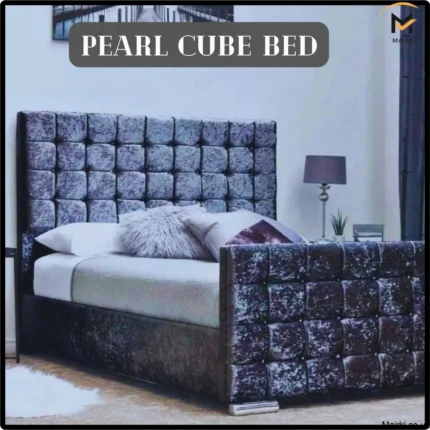 Elegant bedroom with a Pearl Cube Bed featuring tufted panels.