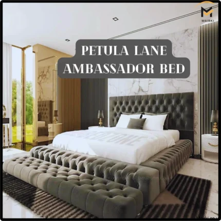 Luxurious bedroom with a Petula Lane Ambassador Bed green velvet bed and marble accents.