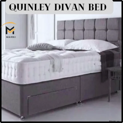 Quinley Divan bed with grey tufted headboard and storage drawer.