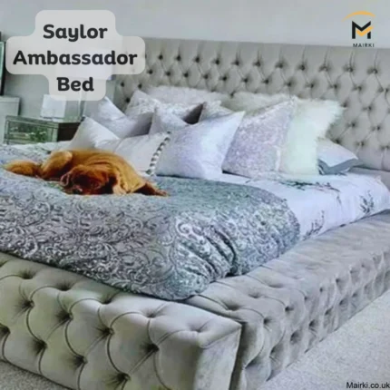 Luxurious Saylor Ambassador Bed with tufted headboard and decorative pillows, featuring a small brown dog lying on the bed.