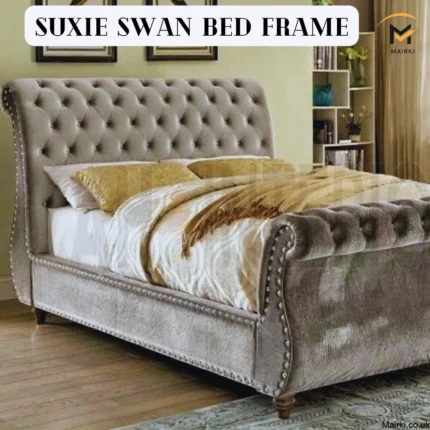 Luxurious gray bed frame with decorative bedding in a stylish bedroom.