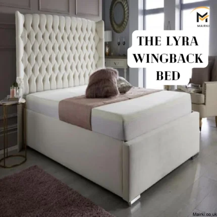 A luxurious bedroom with the Lyra Wingback Bed featuring a tall, tufted headboard in neutral tones.