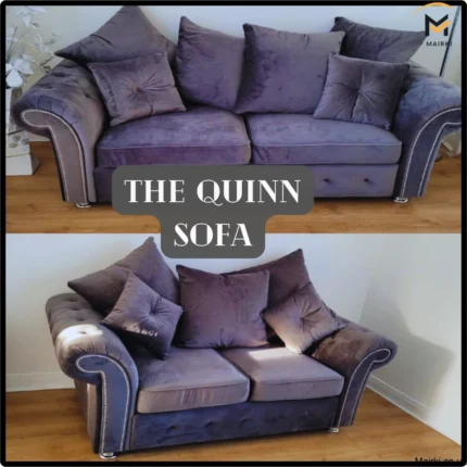 Two views of a purple velvet sofa with cushions, featuring studded arms and metallic legs. Text reads “THE QUINN SOFA.”