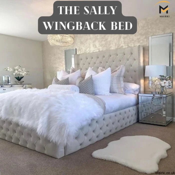 Luxurious bedroom with The Sally Wingback Bed featuring a tufted headboard, decorative pillows, and a faux fur throw.