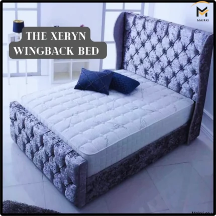 Elegant Xeryn Wingback Bed with tufted grey fabric and a tall headboard in a modern bedroom.