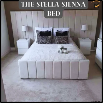 Modern bedroom with The Stella Sienna Bed, featuring a tall upholstered headboard and matching décor.