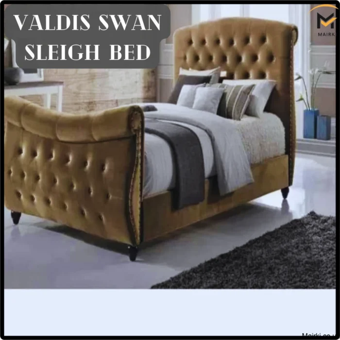 Luxurious Valdis Swan Sleigh Bed in a stylish bedroom setting.