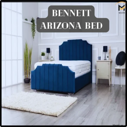 Bedroom with Bennett Arizona Bed with blue upholstery and decorative nightstands.