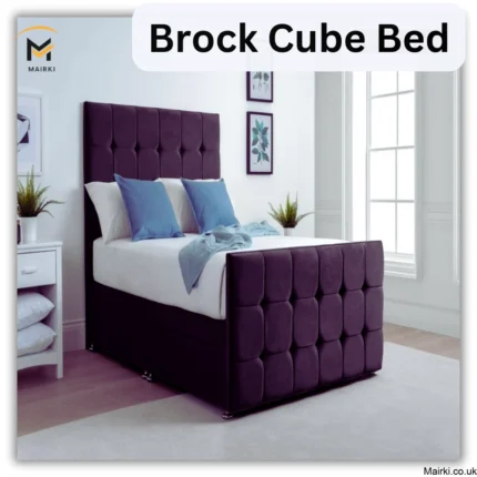 Modern bedroom with a Brock deep purple bed and blue accent pillows.