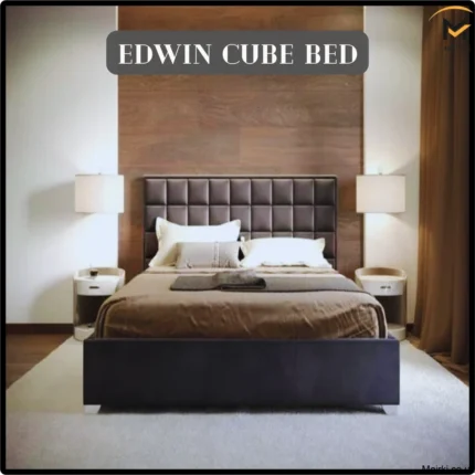 Modern bedroom featuring the Edwin Cube Bed with a tufted headboard, matching side tables, and lamps.