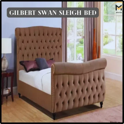 A brown tufted Gilbert Swan sleigh bed in a bedroom with natural light.