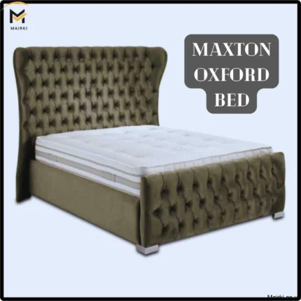 Green velvet tufted Maxton Oxford Bed with a white mattress.