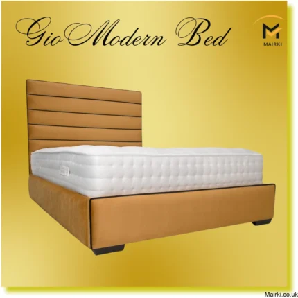 Modern bed frame with quilted white mattress and brown paneled headboard.