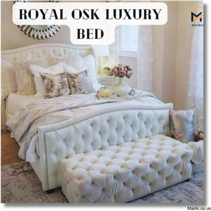 Luxurious bedroom featuring a Royal Osk Luxury Bed with tufted headboard and matching bench.