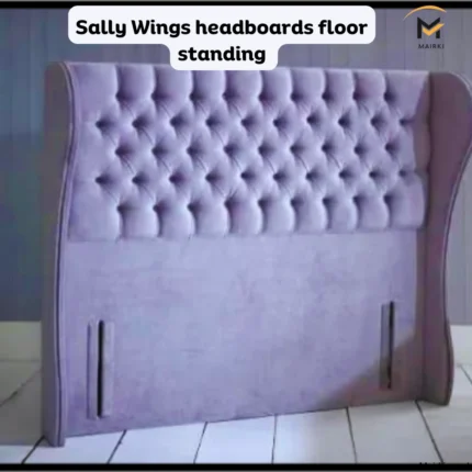 Lavender tufted headboard with curved, winged design.