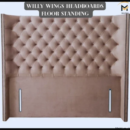 Beige tufted floor standing headboard with curved wings and nailhead trim.