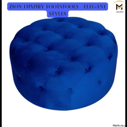 Royal blue round tufted ottoman with a quilted design.