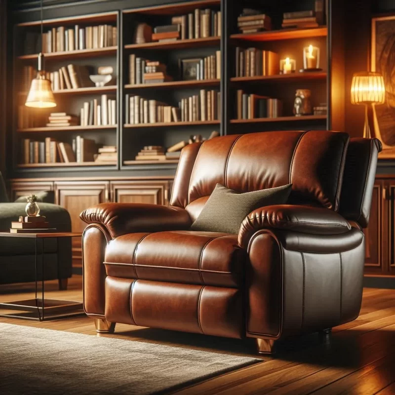 A luxurious brown leather recliner armchair in a cozy, dimly lit study. The armchair should be the focal point of the image, positioned slightly off-center. The study should have dark wood built-in bookshelves filled with books and accented with warm lighting. A soft rug lies on the hardwood floor, and a small table with a plant is visible in the background.