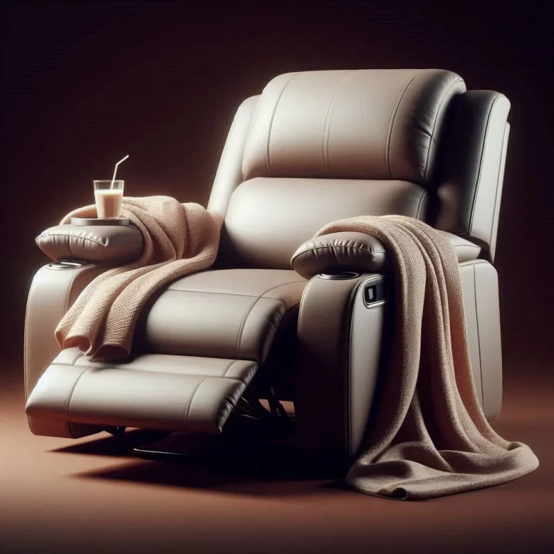 a large, comfortable leather recliner sofa with a blanket draped over it, a milkshake on a coaster resting on the armrest, warm lighting, cozy, inviting