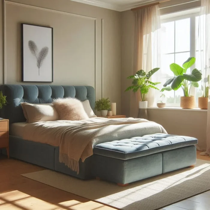 A stylish bedroom interior with a teal Small Double Ottoman Bed, sunlight streaming through a large window, highlighting the lush green plants, a tufted ottoman at the foot of the bed, and a minimalist framed feather illustration on the wall.