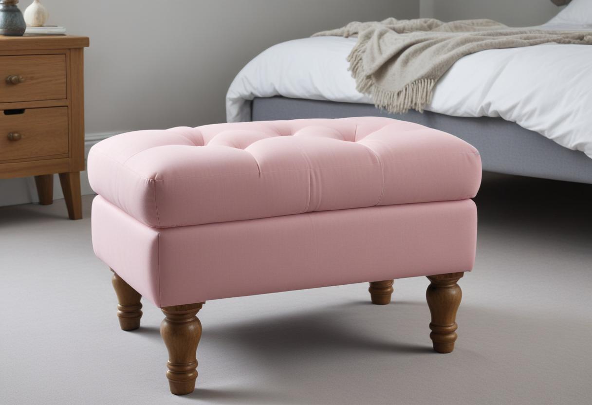 A pink blush velvet Footstool Bedroom with button tufting, wooden legs, in a bedroom setting