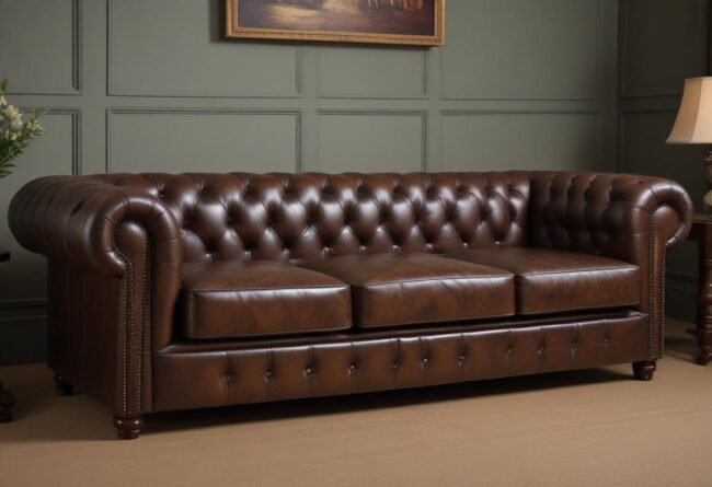 A classic Chesterfield sofa bed with brown leather upholstery, deep button tufting, and rolled arms, set in a traditionally styled living room