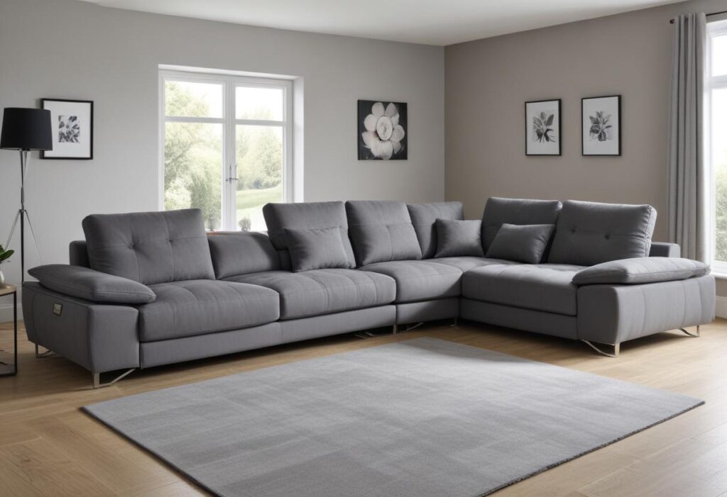 A modern grey corner sofa with silver legs in a spacious living room. The sofa is upholstered in a soft fabric and features adjustable headrests and armrests. The living room is decorated in a minimalist style with a neutral color palette.
