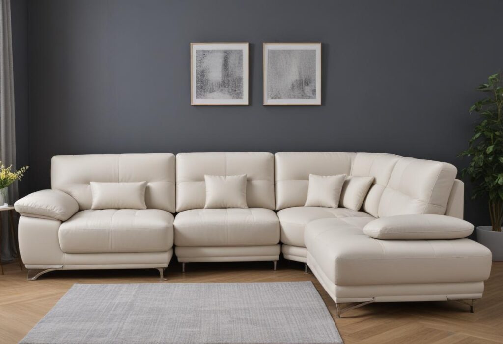 A modern, spacious white leather corner sofa in a minimalist living room. The sofa is arranged in an L-shape, with a comfortable chaise lounge. The walls of the room are painted a sophisticated dark gray, providing a neutral backdrop. Two abstract art pieces with a black and white color scheme hang on the wall above the sofa, adding a touch of elegance. The room is well-lit, creating a welcoming and inviting atmosphere.
