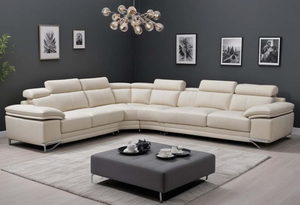 A modern, white leather Corner sofa in a contemporary living room. The sofa is arranged in an L-shape and has sleek, chrome legs. A gray fabric ottoman sits in front of the sofa, with two cups and saucers resting on top. The room is decorated in a minimalist style with black and white framed photos on the dark gray wall. A modern chandelier with multiple bulbs hangs from the ceiling, illuminating the scene with warm light.
