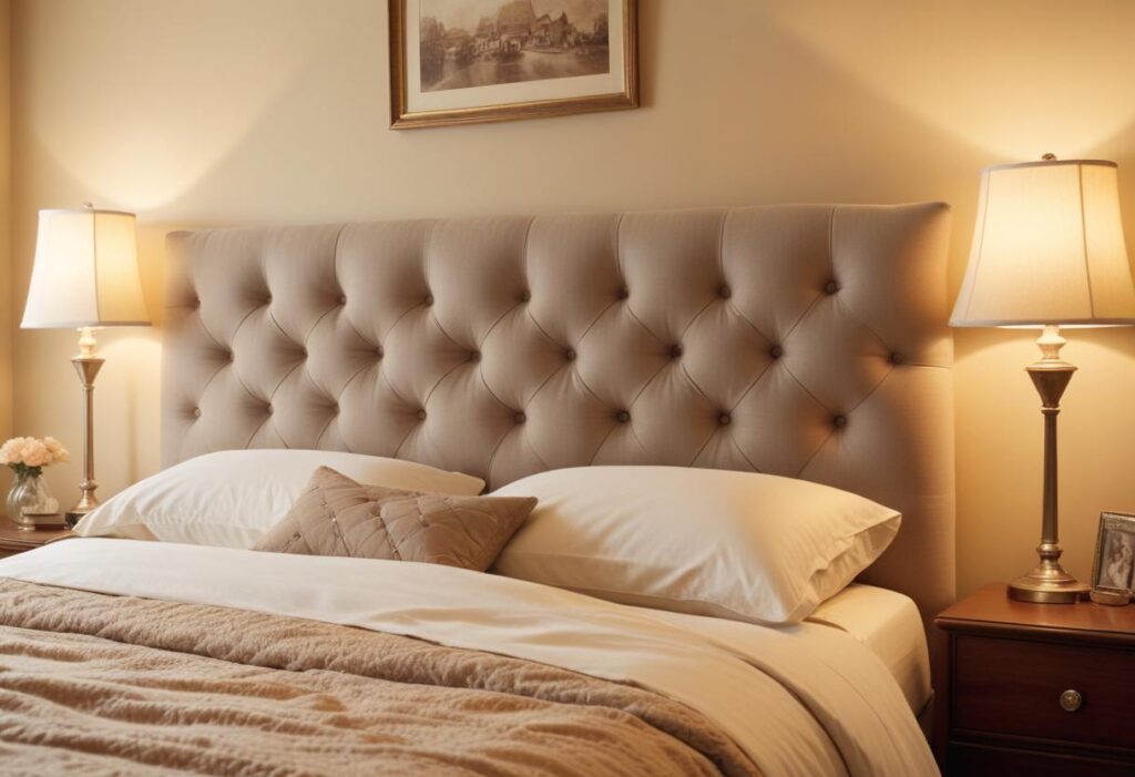 A bedroom interior with a beige tufted cushion headboard, matching lamps on nightstands, and soft lighting, cozy ambiance
