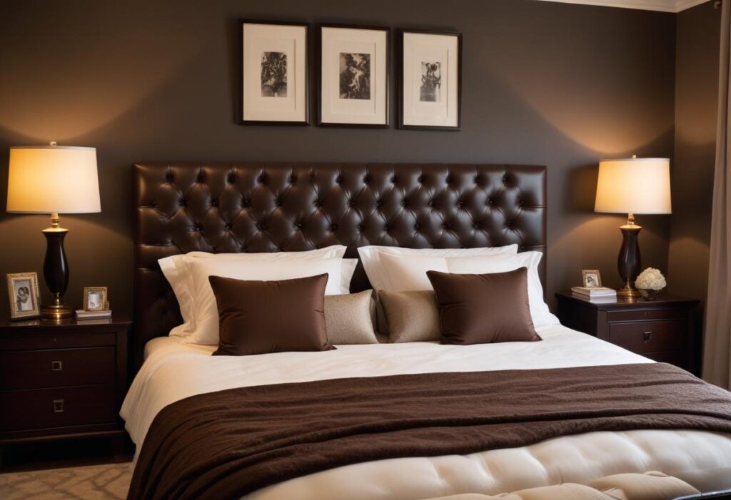 A luxurious bedroom interior with a large tufted leather cushion headboard, deep brown walls, and matching nightstands with elegant lamps. The bed has crisp white sheets, a brown comforter, and several pillows in brown and beige.
