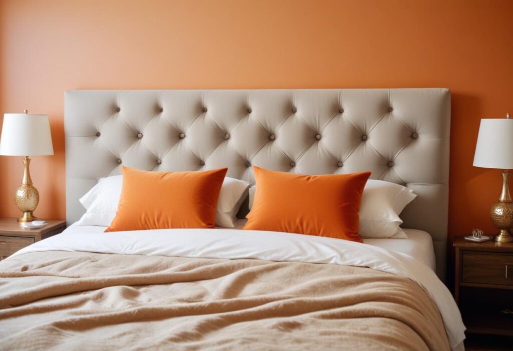 A modern bedroom interior with an orange accent wall, featuring a beige tufted cushion headboard, crisp white linens, and two orange throw pillows. Two matching bedside tables with gold lamps complete the look.
