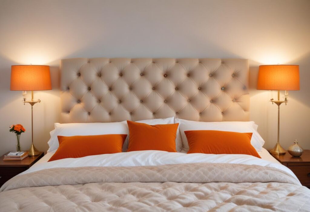 A bedroom interior with a beige tufted cushion headboard, matching bedside tables, and orange accents in the pillows and lamps. The bedding is white with a textured blanket. The lighting is warm and inviting, creating a cozy ambiance.
