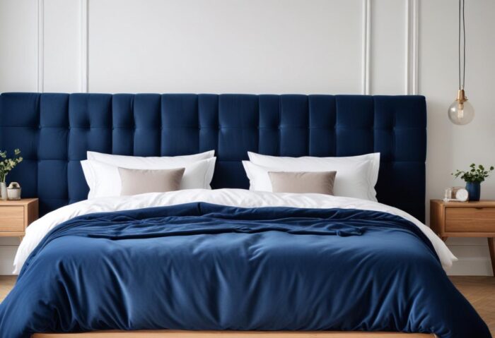 A modern bedroom interior with a luxurious king-size bed, deep blue velvet tufted cushion headboard, crisp white linens, accent pillows, minimalist nightstands with wooden drawers, spherical glass pendant light, white walls with delicate molding, and a bright and airy atmosphere