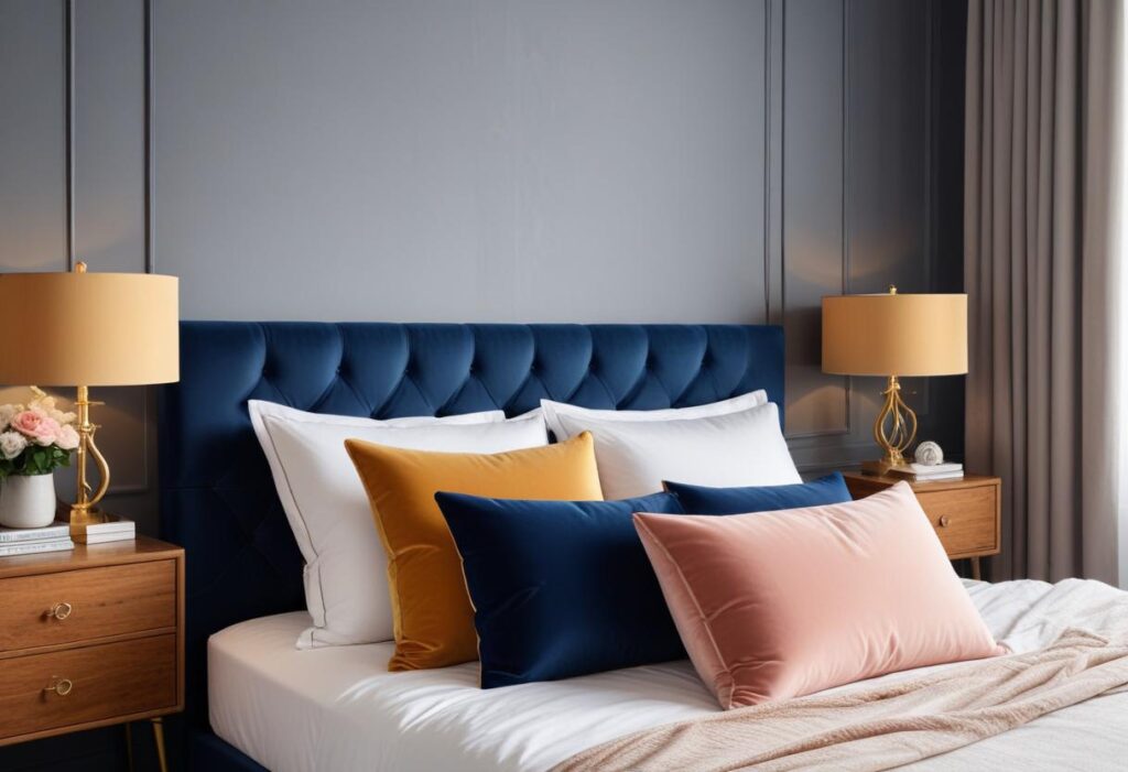 A luxurious bedroom interior with a navy blue velvet tufted cushion headboard, crisp white linens, and an assortment of plush velvet pillows in navy, mustard yellow, and blush pink. Two matching gold table lamps with tan shades flank the bed, each placed on a wooden nightstand, one adorned with a vase of pink flowers and a stack of books. Soft lighting creates a cozy and inviting atmosphere.
