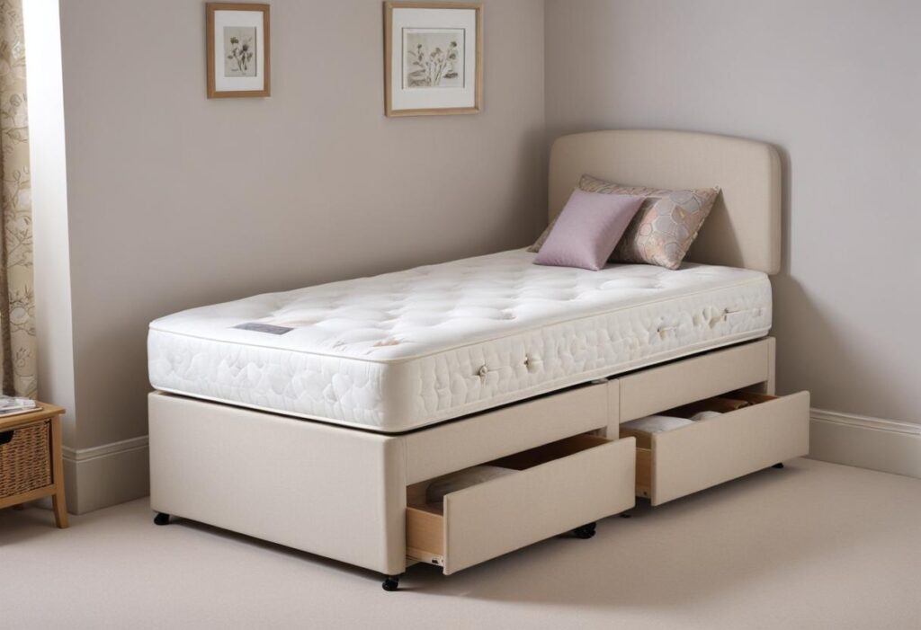 A single divan bed with storage upholstered in cream fabric. The bed has a tufted headboard and is dressed with a white mattress and pale pink pillows. The room is minimally decorated with two framed botanical prints on the wall.