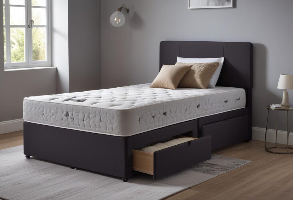 A modern, upholstered single divan bed with storage drawers. The bed has a dark grey fabric headboard and base, with two large drawers at the foot of the bed. The mattress is white and has a quilted top. The bed is positioned in a bedroom with light grey walls and a large window.
