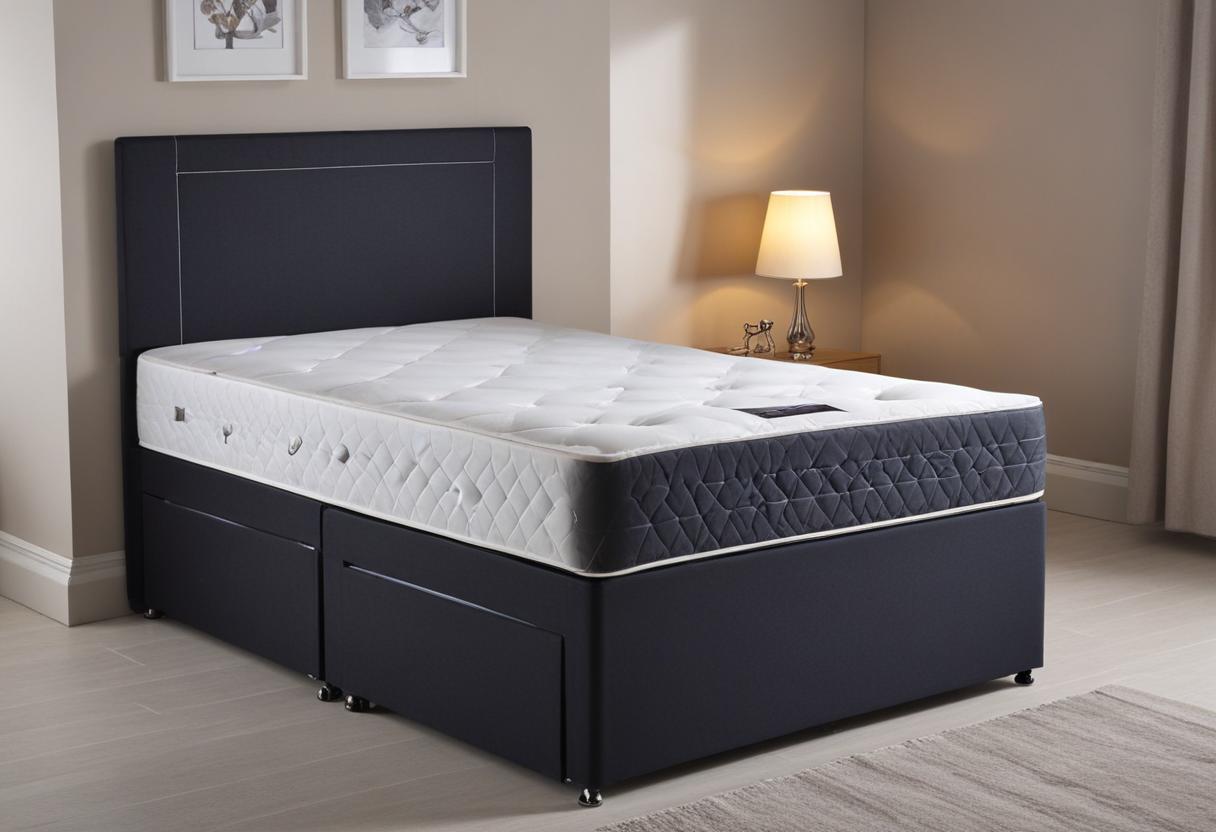 A compact small single bed with a sleek design, featuring a light grey upholstered frame, a supportive mattress, and a matching headboard. The bed is set in a bright, minimalist bedroom with modern decor, maximizing space and style.