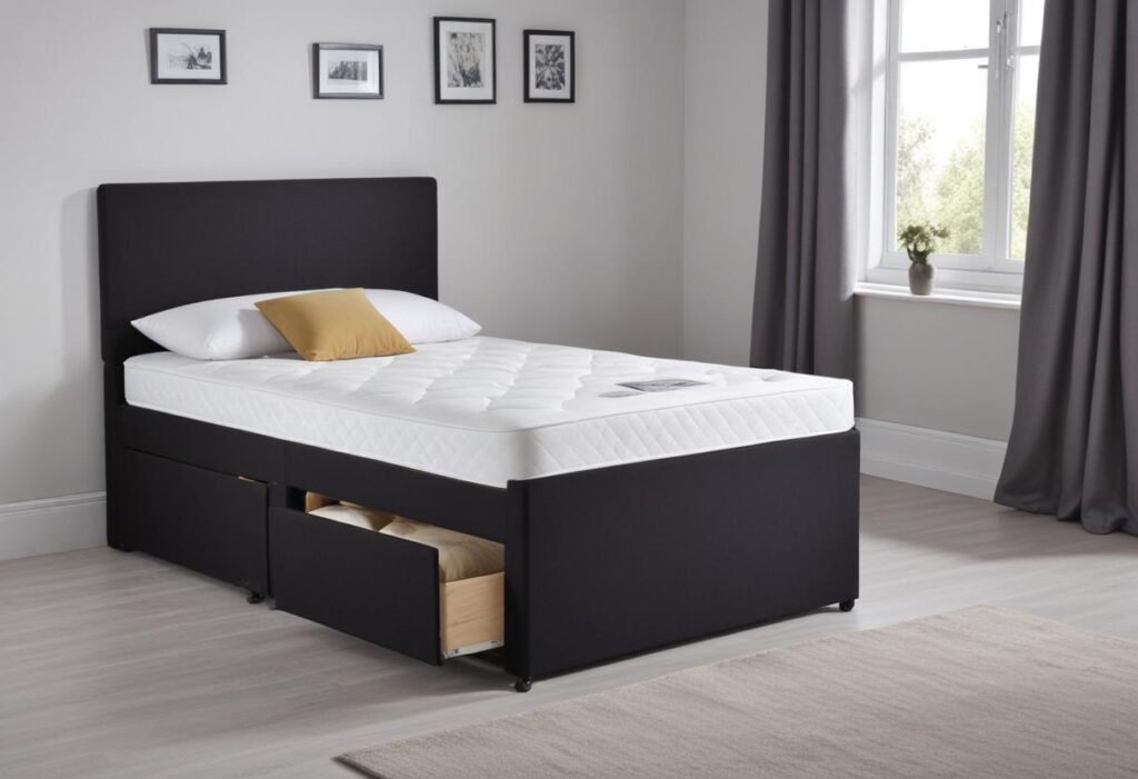 A modern black upholstered single divan bed with Storage, a comfortable mattress with white sheets and pillows,  a minimalist bedroom with soft lighting
